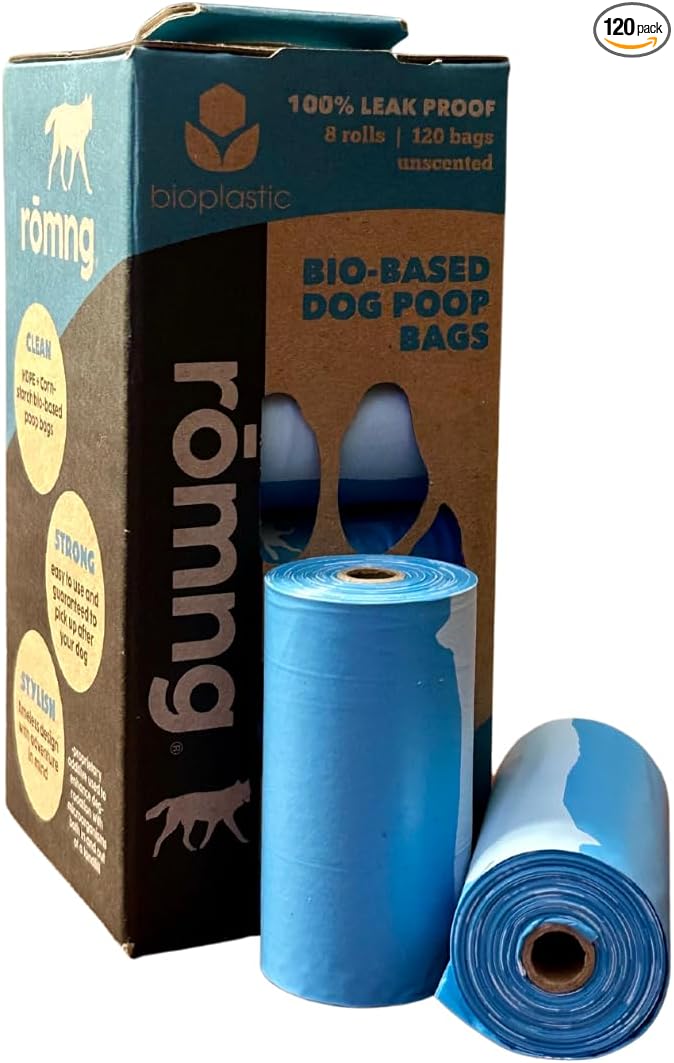 Bio-Based Dog Poop Bags, Unscented, Leak-Proof, Cornstarch Blend, 8 Rolls, 120 Bags, Blue