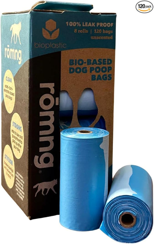 Bio-Based Dog Poop Bags, Unscented, Leak-Proof, Cornstarch Blend, 8 Rolls, 120 Bags, Blue