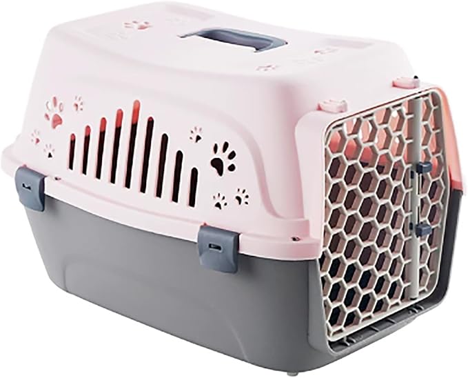 Plastic Cat Cage, Puppy Car Carrier with Door Locks and Handle, Portable Cat Travel Crate for Vet Visits Long Distance Trips(Pink)