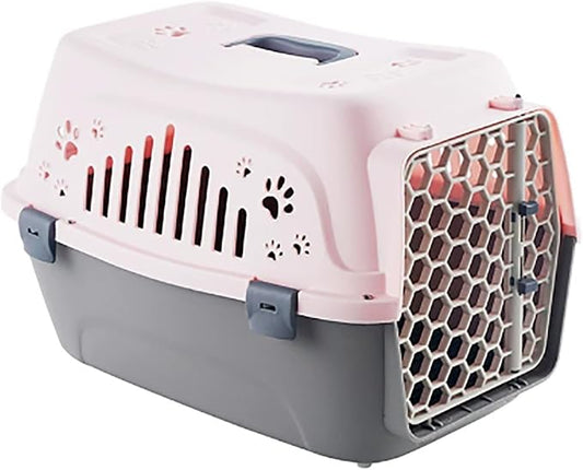 Plastic Cat Cage, Puppy Car Carrier with Door Locks and Handle, Portable Cat Travel Crate for Vet Visits Long Distance Trips(Pink)