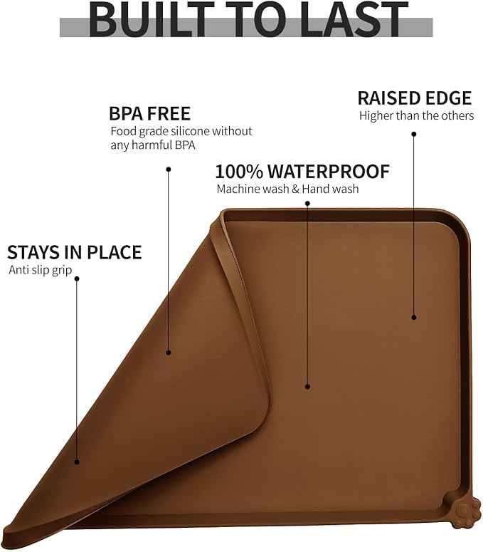 Reopet Silicone Pet Feeding Mat - Waterproof & Non-Slip Dog Cat Placemat | High Raised Edges Prevent Food & Water Spills to Protect Floors, Easy to Clean, Fit for Dog Cat Bowls