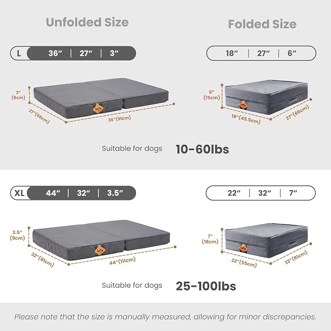Laifug Foldable Waterproof Dog Bed for Large Dogs - Outdoor Orthopedic Dog Bed with Washable Removable Cover, Pet Mattress with Handles, Elephant Grey, (44 x 32 x 3.5 inches)