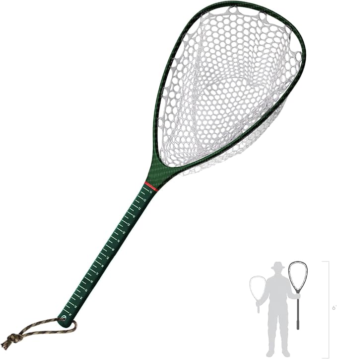 Riverruns Fly Fishing Landing Net Carbon Fiber Trout Net with Measurement Handle, Soft Rubber Mesh - 26" Standard (Wading) / 37" Long (Kayak)