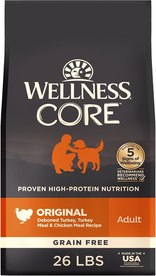 Wellness CORE Adult Dry Dog Food, Grain Free Kibble, Natural, High Protein, Turkey and Chicken Recipe, 26 lb Bag