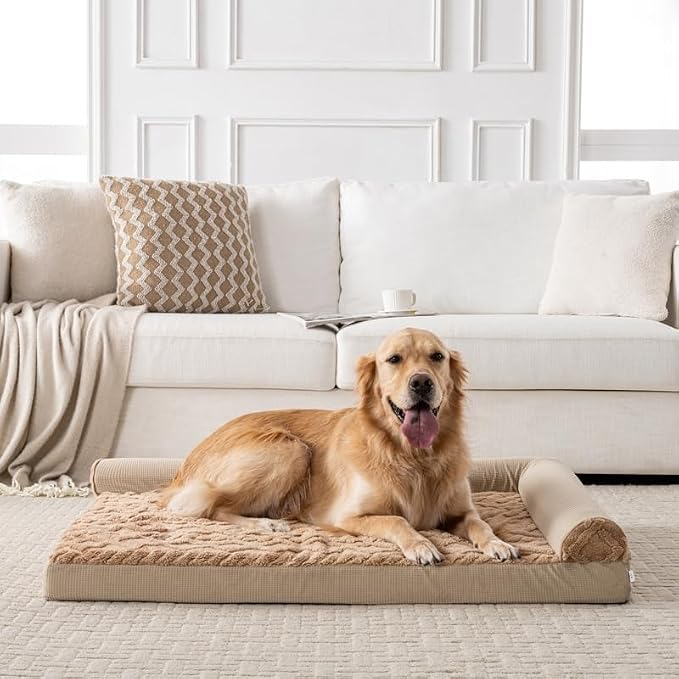 Dog Bed, L-Shaped Brown Plush Sofa with Bolster, Memory Foam Pet Bed, Machine Washable Cover, for Small Dog Sizes 35" L x 25" W x 6.5" H