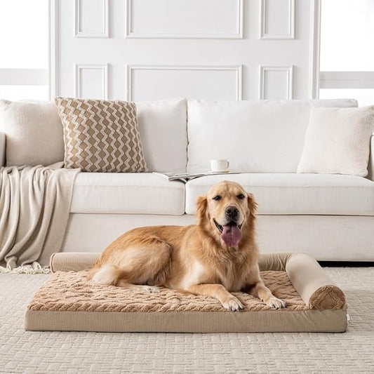 Dog Bed, L-Shaped Brown Plush Sofa with Bolster, Memory Foam Pet Bed, Machine Washable Cover, for Small Dog Sizes 35" L x 25" W x 6.5" H
