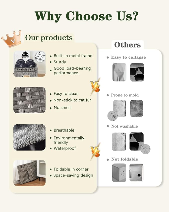 SETVSON Cat Beds for Indoor Cats Extra Large Double Cat Cave Pet Cube, Handwoven Rattan Cat Houses with Double-Sided Soft Cushions, 18.5 x 20.5 x 19.1 Inches Foldable Hideaway in Living Room Gray