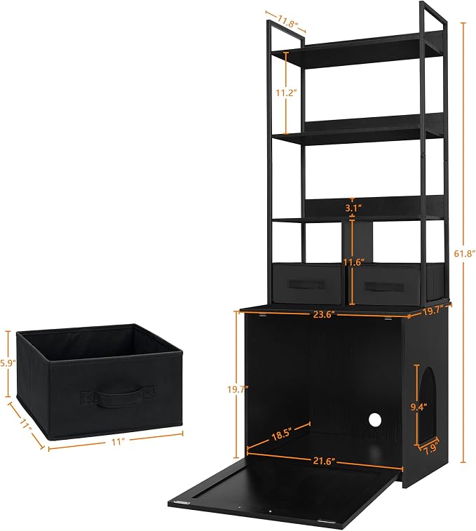 DWANTON Litter Box Enclosure with 3 Storage Shelves and 2 Drawers, 2-in-1 Hidden Cat Litter Box Enclosure Furniture with Shelf, Reversible Entrance, Washable Drawers, 61.8-Inch, Black