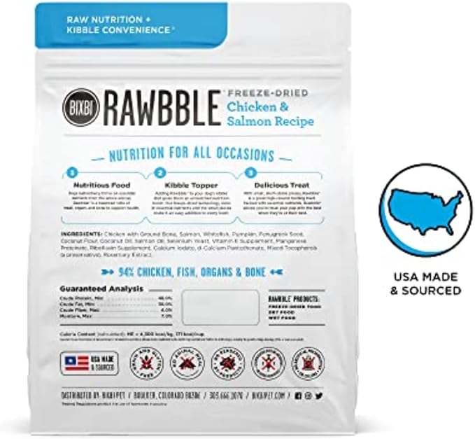 BIXBI Liberty Freeze-Dried Dog Food Topper & Treats, Chicken & Salmon – 94% Meat & Organs, No Refrigeration – USA Made, 12 oz