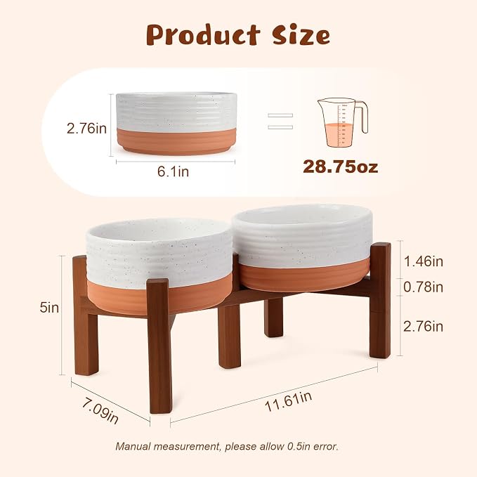 SPUNKYJUNKY Ceramic Elevated Dog Bowl Set with Acacia Wood Stand for Food and Water for Small Medium Sized Dog (28.74 OZ, White and Reddish Brown)