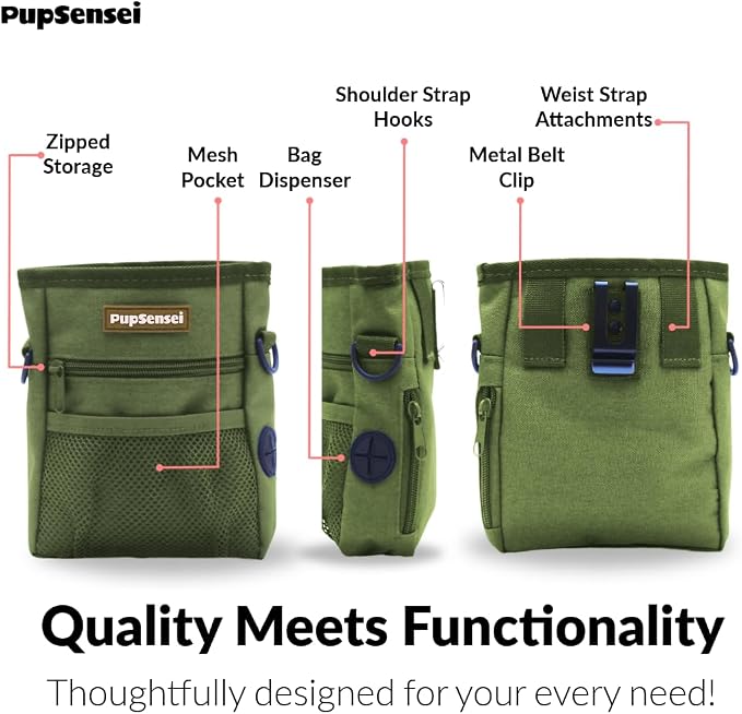 Hands Free Dog Walking Kit - Army Green Magnetic Treat Pouch and Tennis Ball Holder Bundle