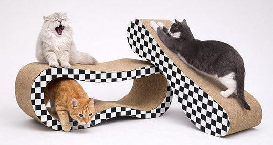 2 in 1 Large Cardboard Cat Scratcher Lounger, Cat Scratching Board for Indoor Cats, 100% Recyclable & Reversible Horizontal Scratching Pads Prevents Furniture Damage, Checkerboard