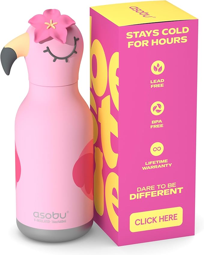 Asobu Bestie Bottle Limited Edition Collectible Kids Water Bottle with Animal Character Lid 16oz (460ml) Insulated Stainless Steel, Leakproof, Reusable with Straw Fun Gift for Girls & Boys