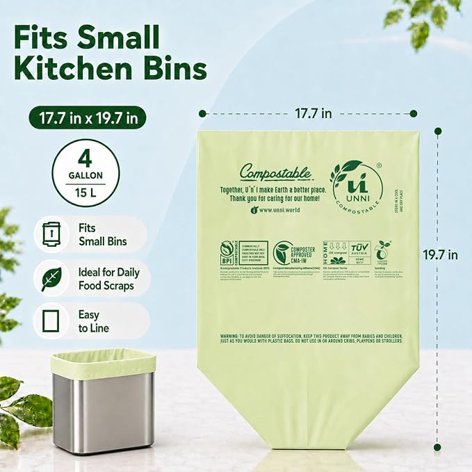 UNNI Compostable Trash Bags, 4 Gallon / 15 Liter, 100 Count, Extra Thick 0.75 mil Small Kitchen Food Scrap Bin Liners, Certified by BPI, CMA & OK compost HOME, Meets the ASTM D6400 Standard