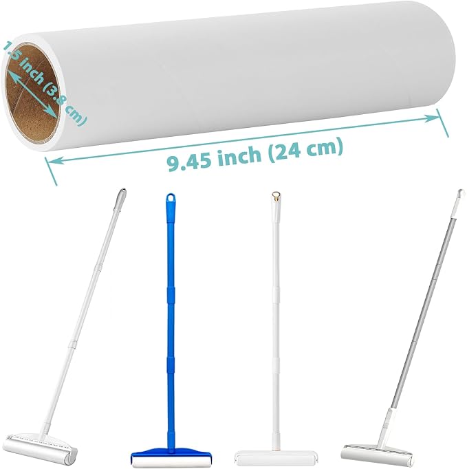 9.45 inch Lint Roller Refills for Floor Lint Roller Replacement 9.4 inch to 9.5 inch Wide Large Floor and Carpet Lint Remover Refills, Pack of 3 Rolls Extra Sticky 180 Sheets Total