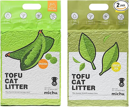 Michu Tofu Cat Litter Natural Clumping Tofu Cat Litter, Fast Clumping and Easily Scoop-able 5.5lb/88oz 5 Scents - Original + Greentea, 2 Pack