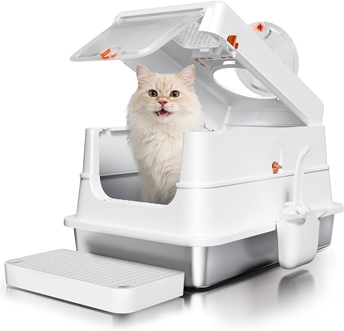 Stainless Steel Cat Litter Box with Lid, Extra Large Enclosed Metal Litter Pan with High Sides, Full Flip Cover Litter Box for Large Cat, Include Scoop & Step, Leak Proof Easy Clean Odor Control,White