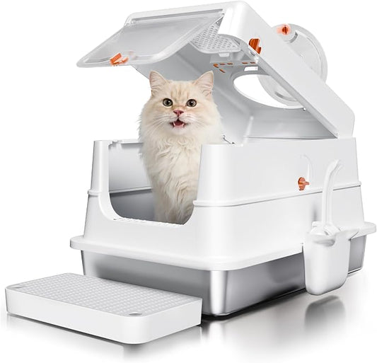 Stainless Steel Cat Litter Box with Lid, Extra Large Enclosed Metal Litter Pan with High Sides, Full Flip Cover Litter Box for Large Cat, Include Scoop & Step, Leak Proof Easy Clean Odor Control,White