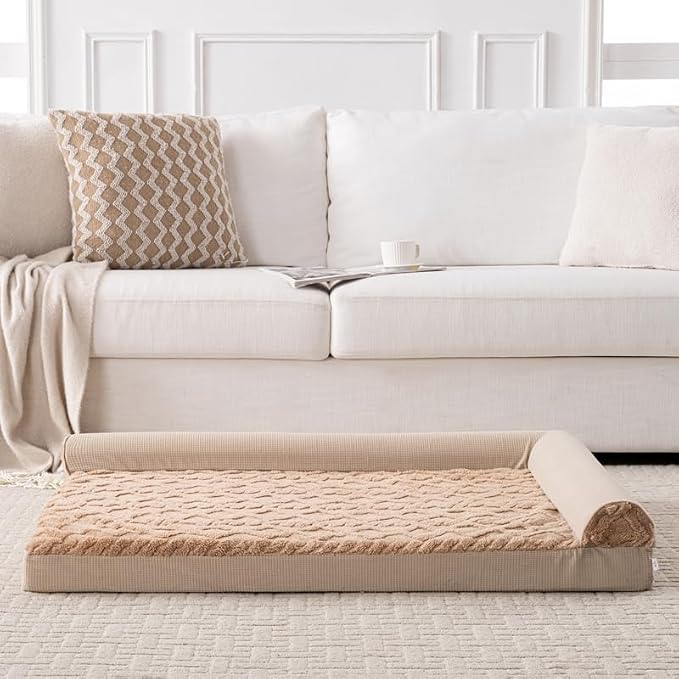 Dog Bed, L-Shaped Brown Plush Sofa with Bolster, Memory Foam Pet Bed, Machine Washable Cover, for Small Dog Sizes 35" L x 25" W x 6.5" H