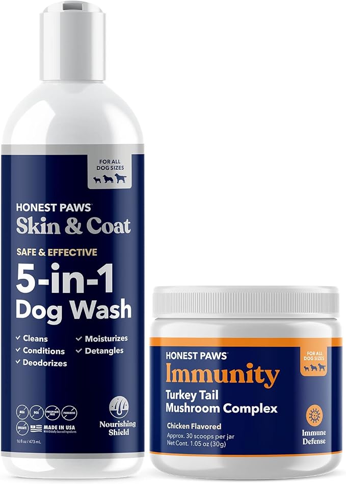 Honest Paws Dog Shampoo and Conditioner - Plant Based, All Natural & Dog Digestive and Immunity Booster with Turkey Tail Mushroom Blend - Bundle