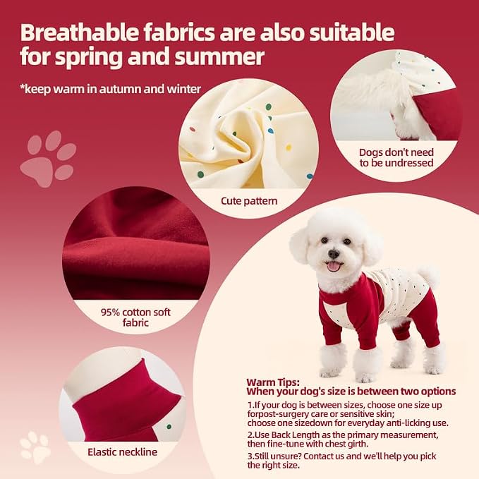 Dog Recovery Suit After Spay-Prevents Lick & Shed (Red,XS) | Soft, Breathable cotton onesie protects abdominal surgical areas by preventing licking,scratching,and shedding