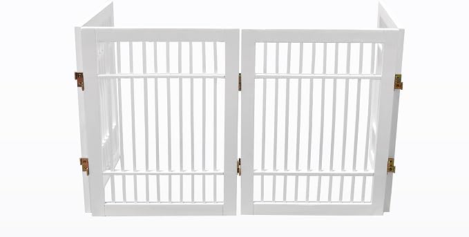 Urnporium Pet Dog Gate Freestanding, Strong Durable Folding Wooden Fence, Portable Acacia Hardwood Safety Barrier for Indoor & Outdoor Use (White Pet Gate, 4 Panel 24" Tall)