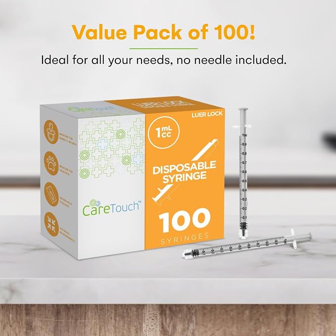 Care Touch CTSLL1-VC Syringe with Luer Lock Tip, 1ml, 100 Syringes Without a Needle (Pack of 2)