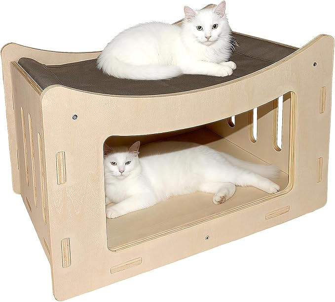 Cute Cat Head Wooden Indoor Cat House, Double Decker Cat Shelter with Elevated Soft Canvas Upper Bed, Multi-Level Pet Condo for Cats & Rabbits