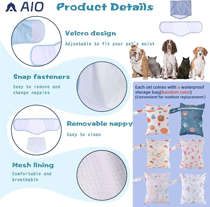 AIO Male Belly Bands for Dogs - Dog Diapers Male -Belly Bands for Male Dogs- High Absorbing Dog Wraps Washable - Reusable Large Doggy Doggie Puppy Dog Diapers