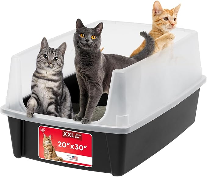 IRIS USA Extra Large Litter Box XXL Open Top High Sided Walls Scatter Shield Scoop Included Easy Clean Plastic Pan for Big Cats Multi-Cat Households 30" L x 20" W x 14" H Black