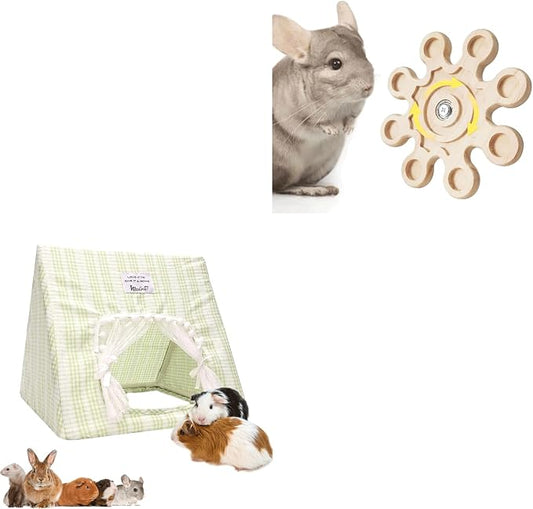 Small Pet Habitat Bundle - Snow-Themed Chew Toy & Large Hideout for Chinchillas, Rabbits, Ferrets