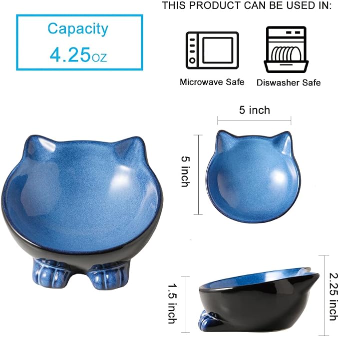 Nihow Ceramic Basic Cat Bowl: 5 Inch Cat Dish for Food & Water - Food Grade, Microwave & Dishwasher Safe - Elegant Blue & Black (4.25 OZ /1 PC)