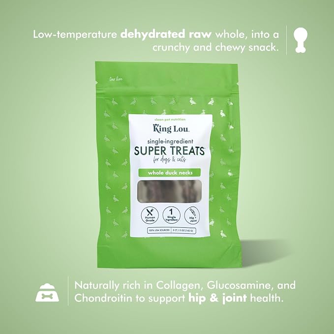 King Lou Pets - Whole Duck Necks for Dogs & Cats - Dehydrated Dog Treats - USA-Made Dental Chews for Dogs - Protein-Rich Collagen Snacks, 5 Count