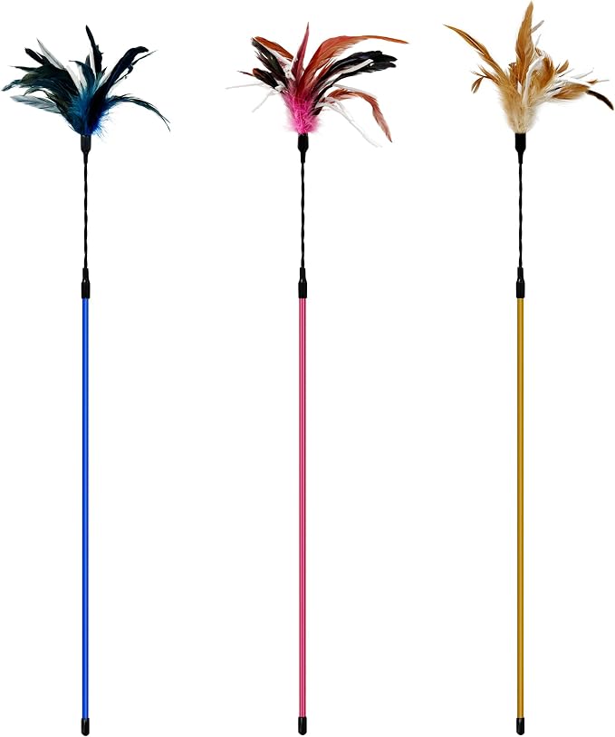 TTcat 3 PCS 22.8” Extra Long Cat Wand Toys Natural Feather Teaser Stick Toys,Interactive Toys for Indoor Cat and Kitten.