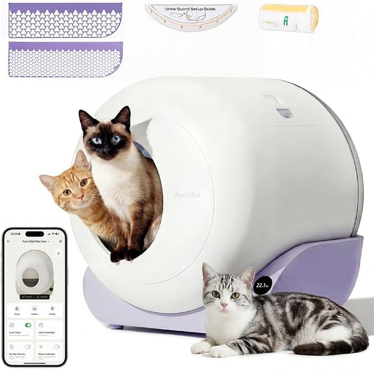 Furrytail Automatic Litter Box Self Cleaning, Kitty Litter Box, Smart Safety Sensors, Advanced Odor & Leak Control, Large Capacity for Multi Cat Homes, with App Control & 40 Trash Bags, Lilac