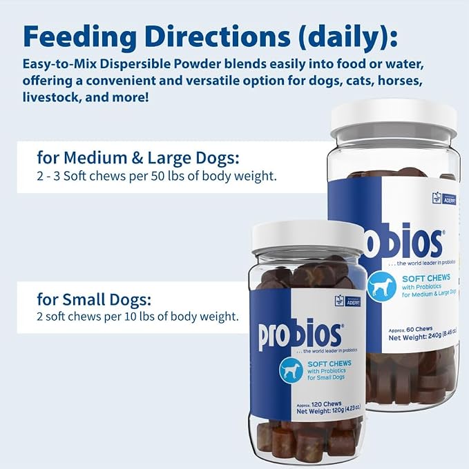 Probios for Dogs Soft Chews, Daily Probiotic Supplement for Gut Health, Digestion and Immune Support Medium and Large Breeds, Chicken Liver Flavor, 8.46oz 60 Chews
