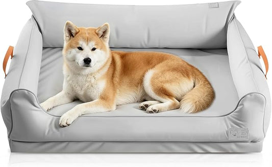 Removable Orthopedic Dog Beds for Large Dogs, Leather Memory Foam Dog Sofa Bed, Waterproof Durable Dogs Bed Couch with Non Skid Bottom for All Pet Sizes (Silver Gray, Medium)