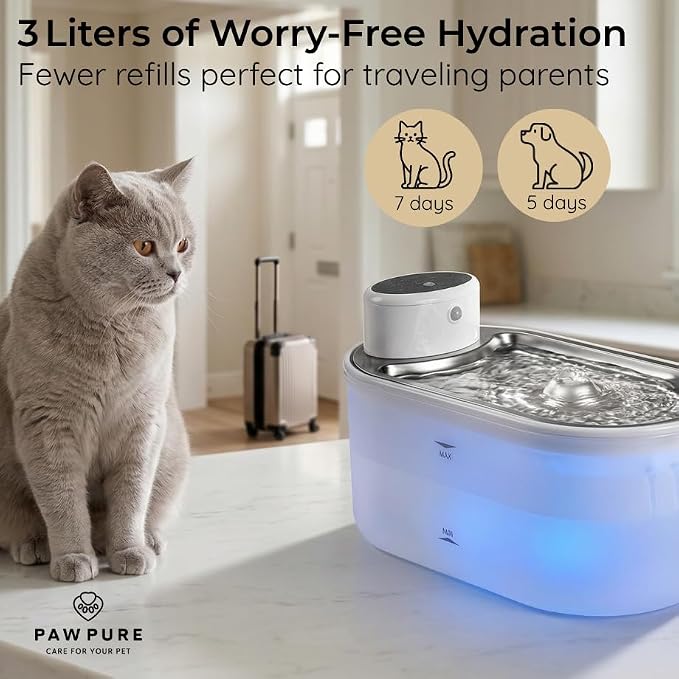 Cat Water Fountain Stainless Steel & Dog Water Fountain, Wireless 30-Day Battery, 20dB Ultra-Quiet Cordless Pet Fountain for Cats & Small/Medium Dogs, 3L/108oz