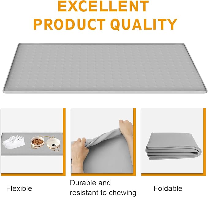 Extra Large Silicone Dog Food Mat 33.9"x21.9" – 0.27" Raised Edge Waterproof Pet Feeding Mat, Non-Slip Placemat for Multiple Bowls, Auto Feeders, Cat Fountains, Dishwasher Safe (Black/Gray)