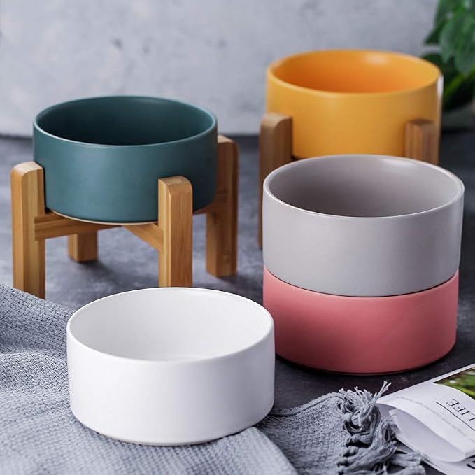 Ceramic Elevated Raised Cat Bowl with Wood Stand No Spill Pet Food Water Feeder Cats Small Dogs