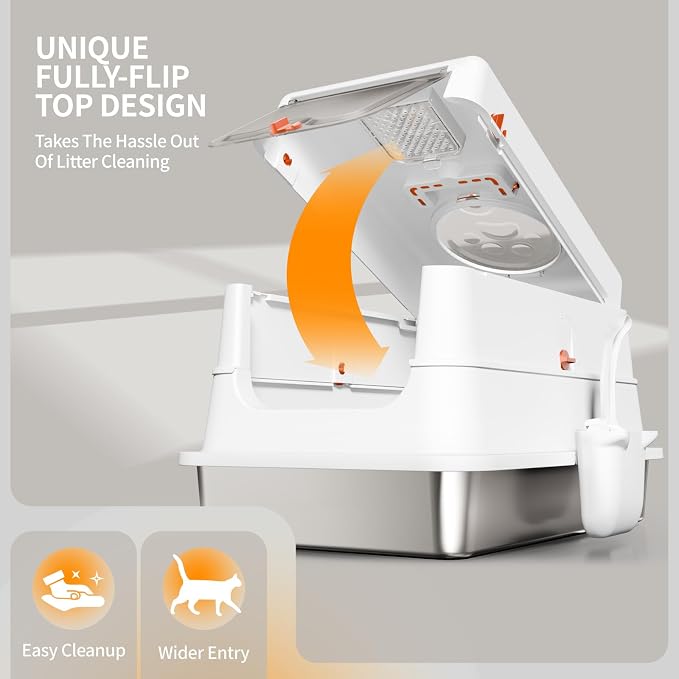 Stainless Steel Cat Litter Box with Lid, Enclosed Extra Large Metal Litter Pan for Big Cats, Full Flip Cover High Sided LitterBox Include Scoop, Easy Cleaning, Non-Stick, White