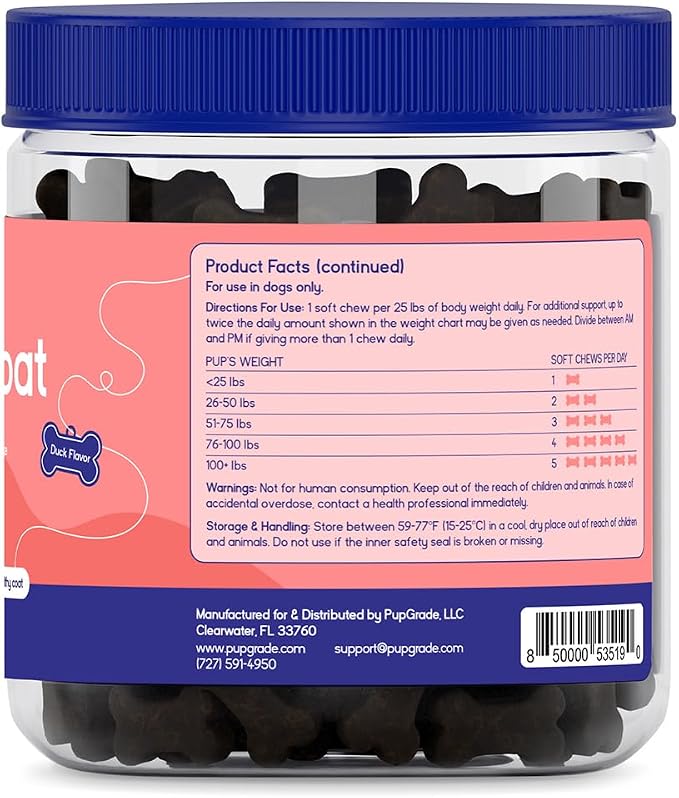 PupGrade Skin & Coat Soft Chew Supplement for Dogs – Supports Healthy Skin, Coat, and Immune Function - Rich in Natural Fish Oil, Omega Fatty Acids, and Vitamins – 60 Soft Chews