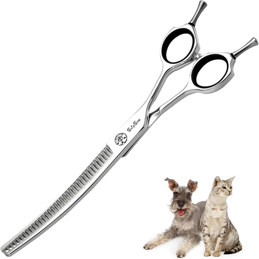 7in 15° Curved Dog Grooming Scissors Professional, 35 Teeth Shears | Japanese VG10 Stainless Steel Pet Trimming Scissors for Dogs/Cats Cutting Chunker, 45% Thinning Shears, Home Use or Groomer
