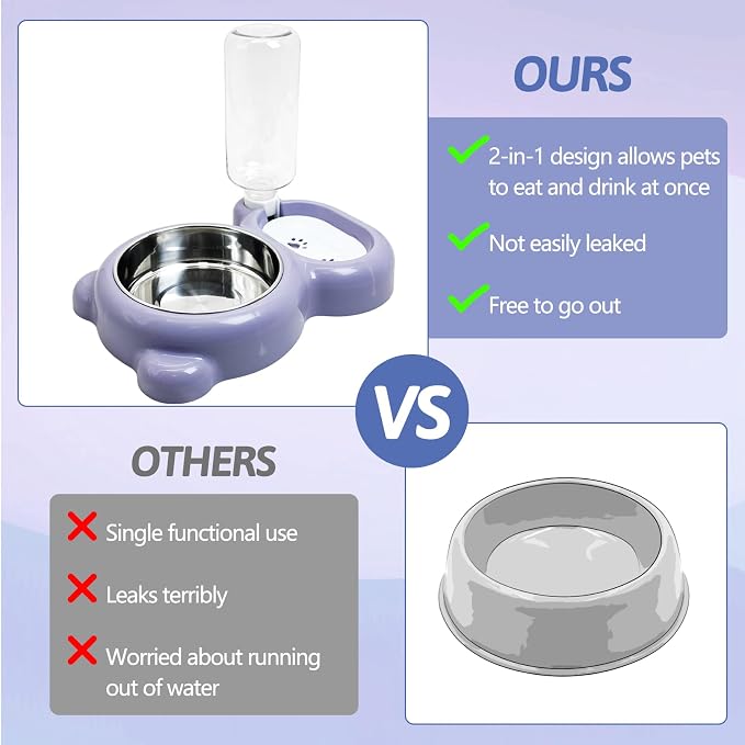 Tfwadmx Double Rabbit Bowls Cat Automatic Feeder with Gravity Water Bottle No Spill Detachable Dog Stainless Steel Bowl Set for Bunny Puppy Kitty Kitten Ferret Squirrel