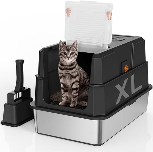 SZEE Stainless Steel Cat Litter Box with 180°Flip-Top Lid, Easy Clean XL Enclosed Litter Box, Large Covered Steel Cat Box with Scoop, Odor Control and Anti-Urine Leakage, 23.2 * 15 * 15 Inch, Black