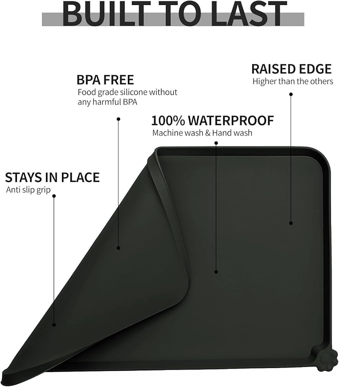 Reopet Silicone Pet Feeding Mat - Waterproof & Non-Slip Dog Cat Placemat | High Raised Edges Prevent Food & Water Spills to Protect Floors, Easy to Clean, Fit for Dog Cat Bowls