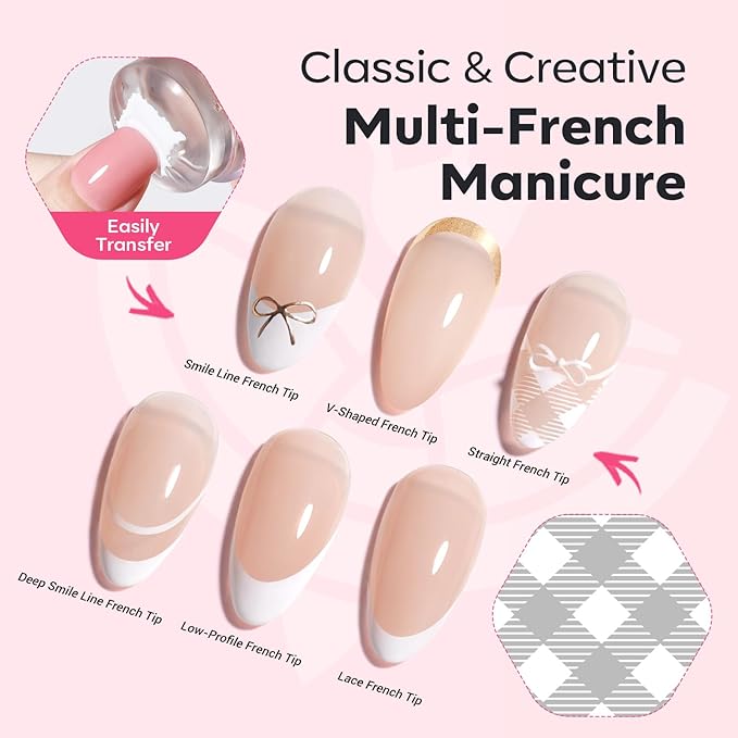 Modelones 16PCS Plaid Nail Stamping Kit – French Tip Stamper White Black Painting Gel Polish Chrome Powder Proof Matte Gel Top Coat Gingham Template Dual Nail Art Brush Summer Manicure Gift for Women