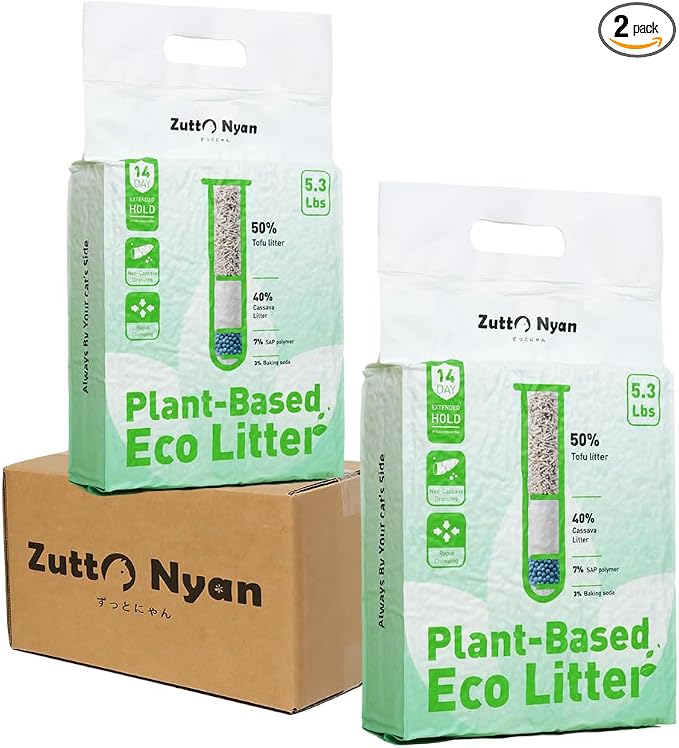 Zutto Nyan 4 in 1 Cassava Cat Litter - Advanced Fast Clumping, Flushable, Low Tracking, 99% Dust Free. Natural Plant Based,Pet Friendly, Great for All Cats, Sensitive Paws, Kittens(5.3 lbs x2 Bag)