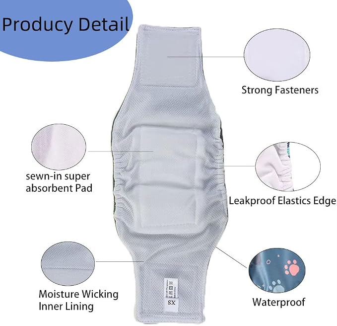 AIO Washable Male Dog Belly Band Pet Diapers Cute Claws Washable Male Puppy Diapers Belly Bands Reusable Dog Diapers Dog Diapers Male S(Rainbow,Cow Pattern,Gray Claws)