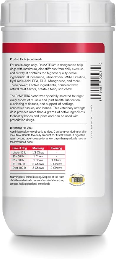 ReMATRIX Joint Support Supplement for Dogs - Glucosamine, Chondroitin, MSM, Omega-3 - Hip and Joint Pain Relief and Support for Dogs - Made in USA - 240 Soft Chews